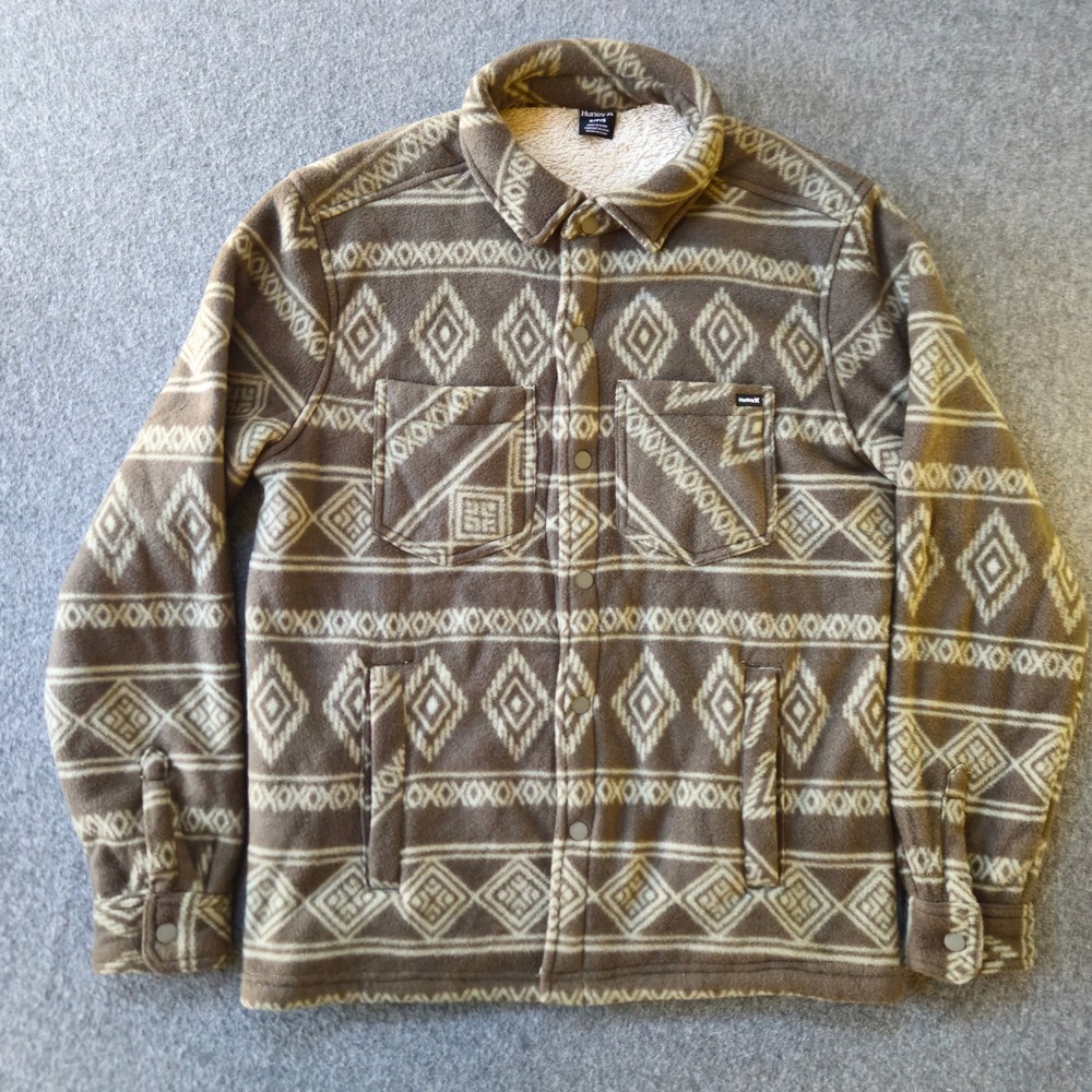 Hurley Polar Fleece Sherpa Lined Shacket S Olive Aztec EUC Outdoors Dutton Cabin